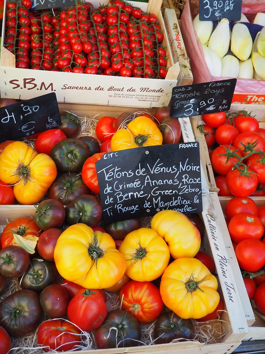mercado, frança, provence, tomate, vermelho, amarelo, colorido, agradável, compra, comida