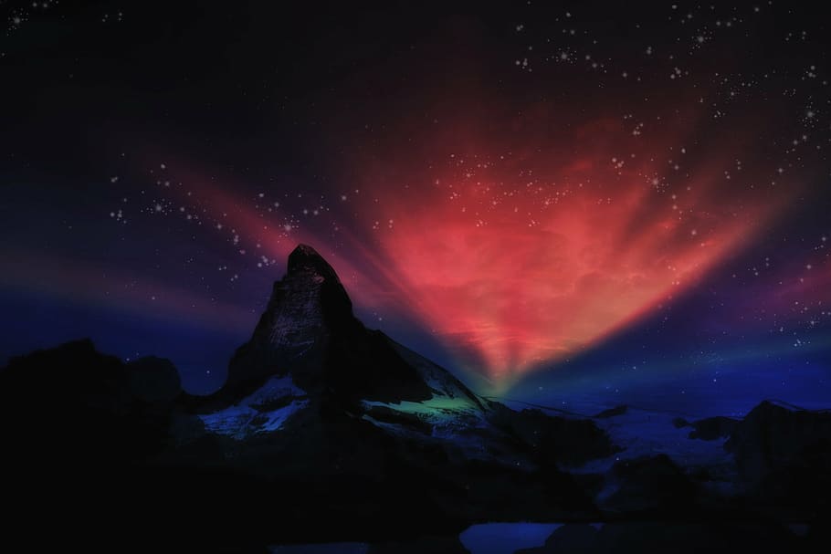 red, green, aurora borealis wallpaper, matterhorn, swiss, fantasy, landscape, night, aurora, stars