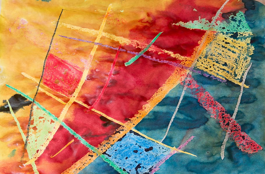 multicolored abstract painting, painting, watercolor, wax stains, red, blue, yellow, art, artwork, colorful