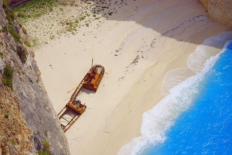 wrecked, boat, shore, cove, beach, navagio bay, rock, shipwreck, sea, color turquoise