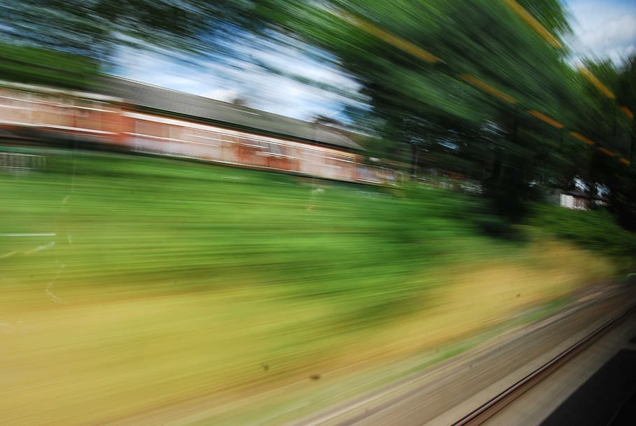 train, rail, high speed, grass, house, passenger, fast, perspective, speed, blurred Motion