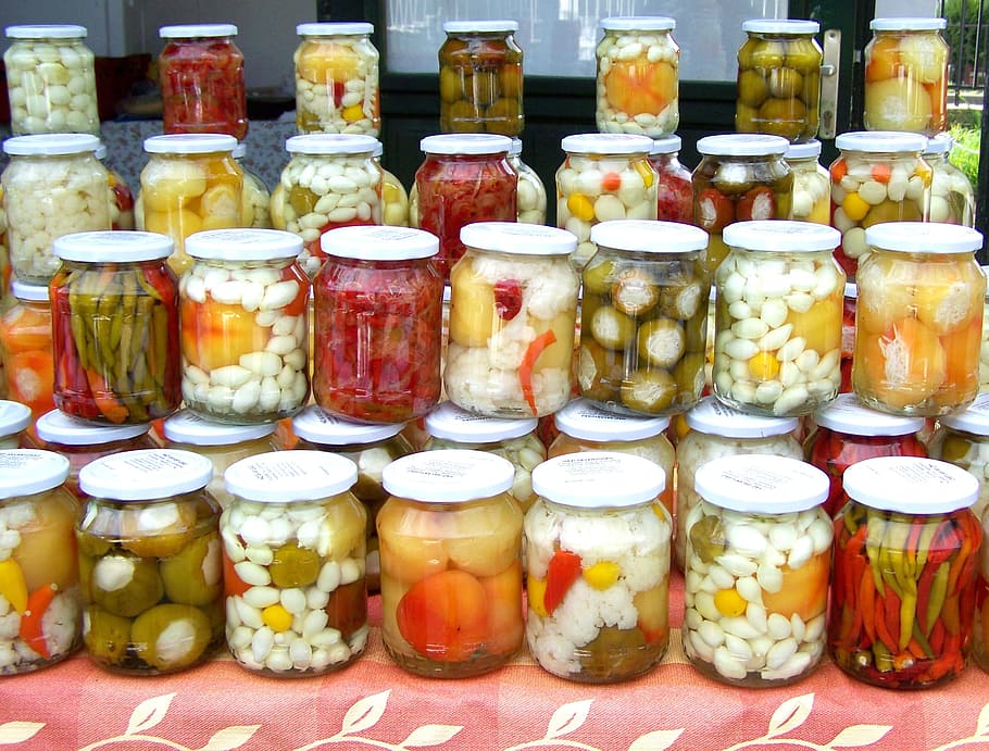 empilhados, infundidos, potes de vinagre, Caseiro, Pickles mistos, Prato, pickles caseiros, jar, variação, escolha