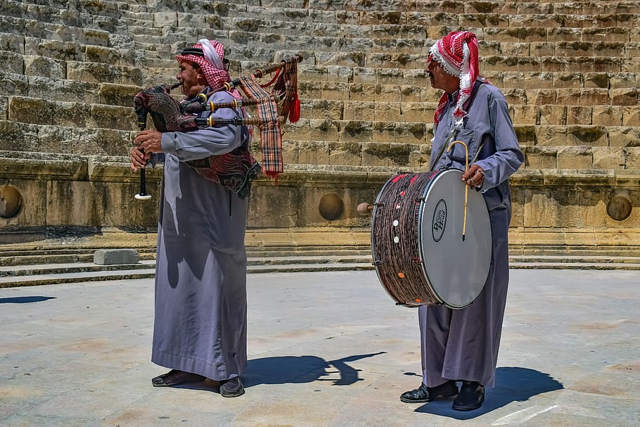 musicians, traditional music, instrument, tradition, costume, music, performance, tourism, jordanian, jerash