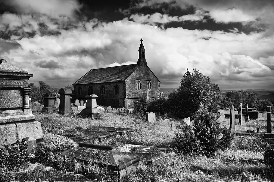 Igreja, Preto e branco, Delph, Friarmere, Oldham, abandonado, nuvem - céu, estrutura construída, exterior do edifício, céu