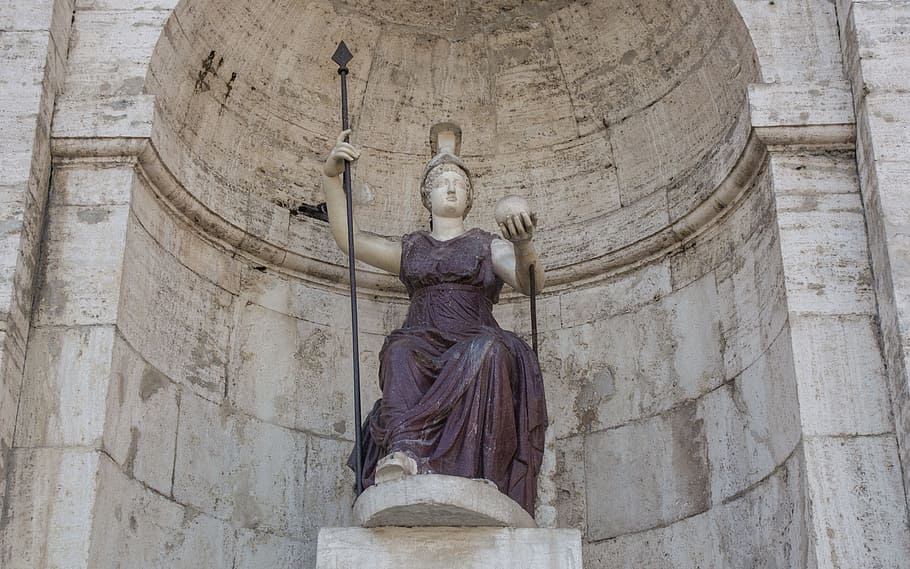 woman, sitting, holding, spear, sphere statue, Rome, Statue, Capitol Square, goddess roma, capitol hill