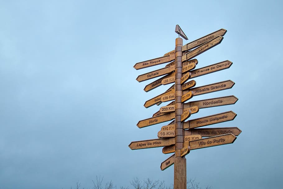 brown, wooden, direction signage, blue, sky, destination, indecision, path, traveling, right direction