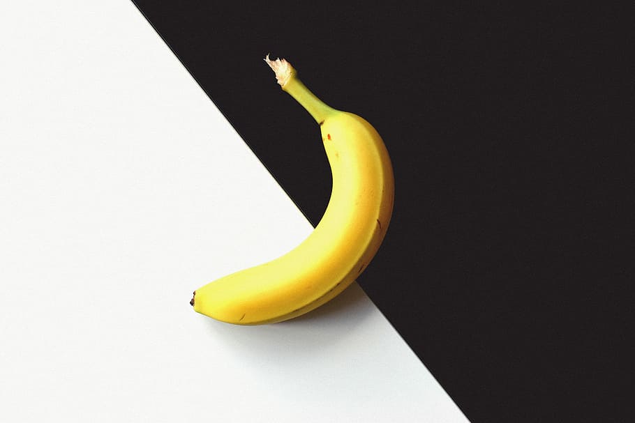 Banana, black, fruit, minimal, minimalistic, simple, simplistic, white, yellow, food