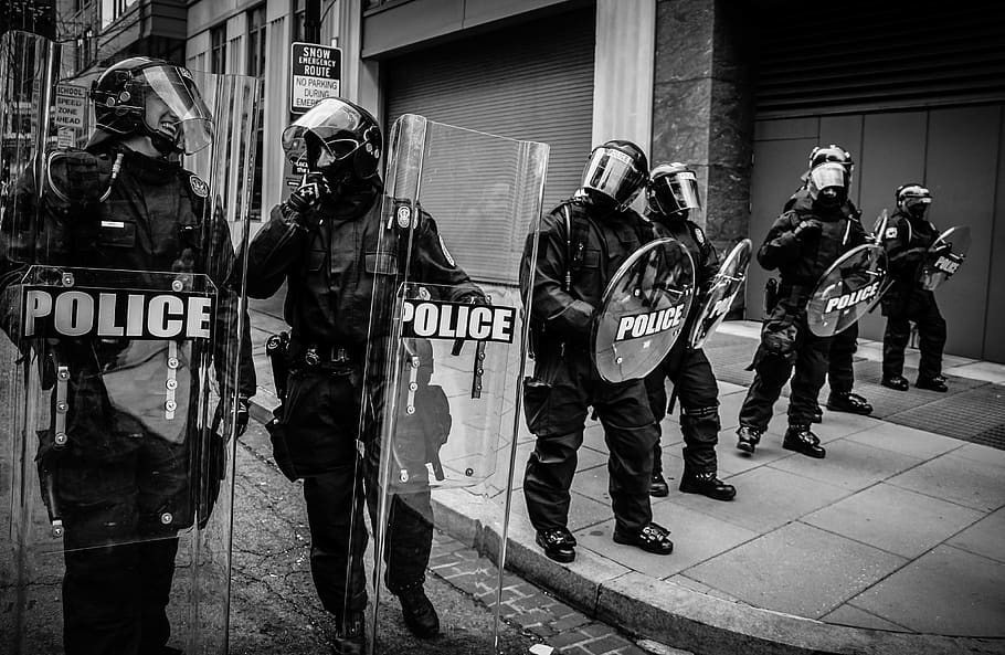 people, police, protest, shield, helmet, gear, black and white, group of people, real people, architecture