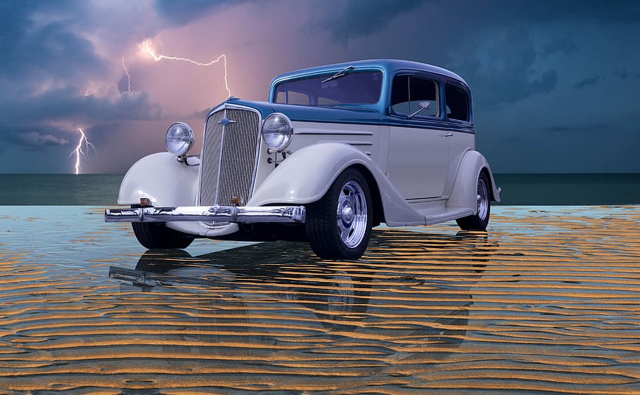 classic, white, blue, coupe, seashore, lightning, beach, hot rod, vintage car, reflection