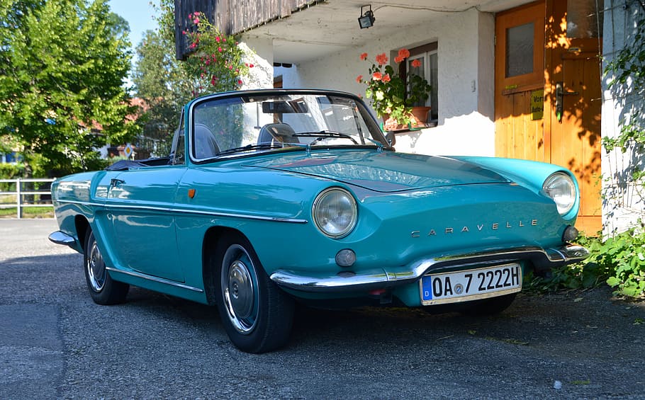 classic, blue, caravelle, convertible, coupe, oldtimer, renault, auto, mode of transportation, car