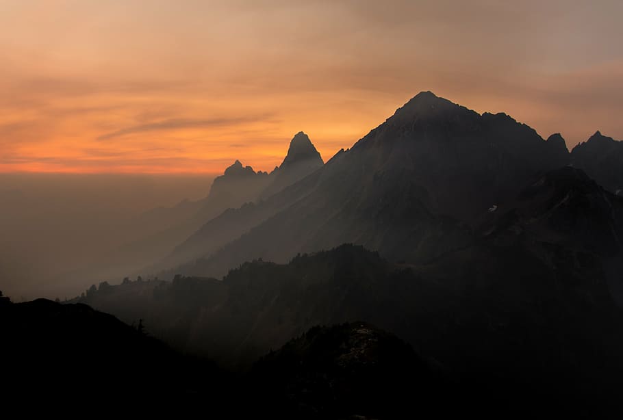 silhouette, mountains, golden, hour photography, mountain, landscape, sunset, dusk, orange, sky
