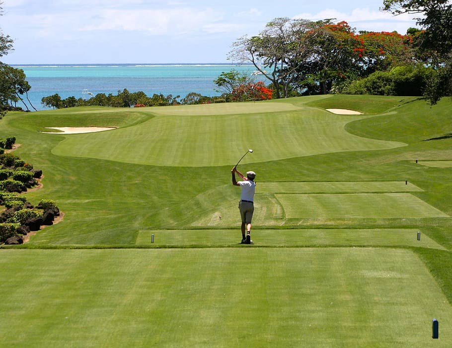 man stroking golf club, golf, man, tee, golfers, golf clubs, sport, ball sports, anahita, mauritius
