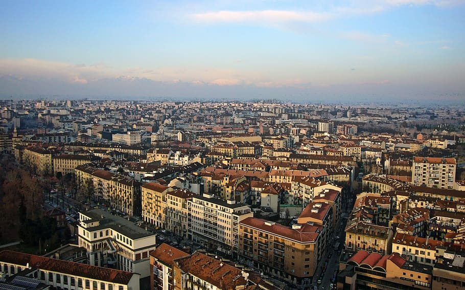 edifícios, branco, nuvens, azul, céu, itália, turim, arquitetura, paisagem urbana, europa