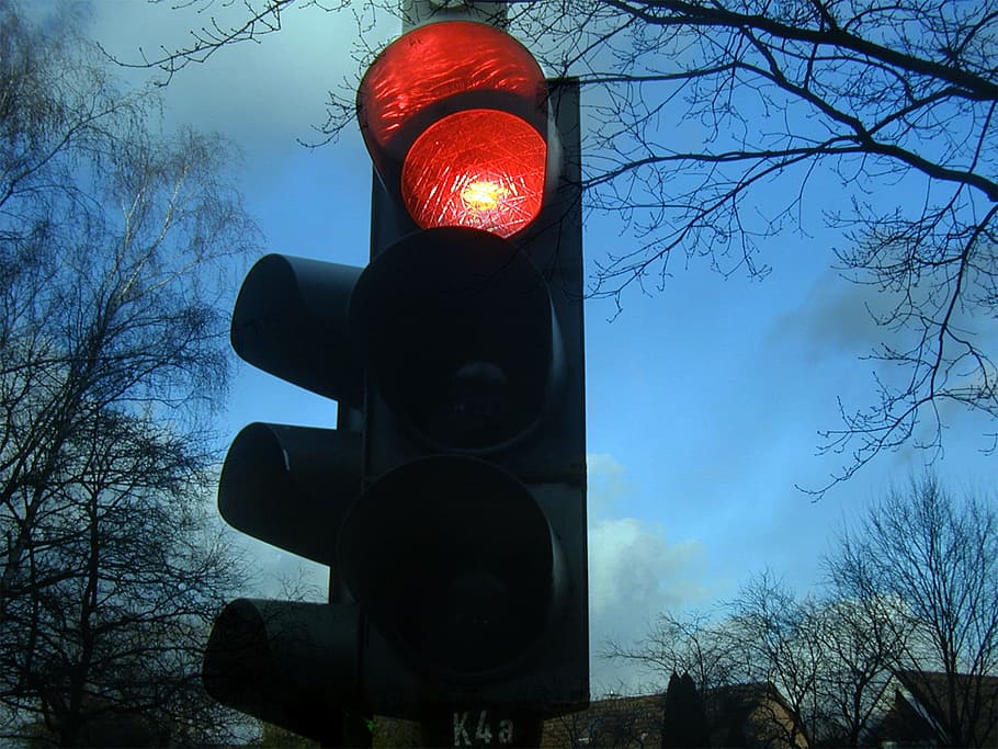 semáforo, mostrando, vermelho, luz, semáforos, parada, sinal, parar, sinal luminoso, equipamentos de iluminação
