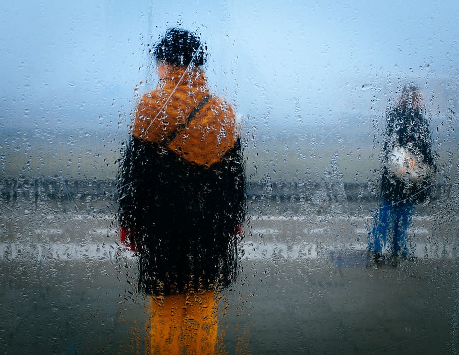 person, standing, black, top, persons, rain, weather, window, drop, wet