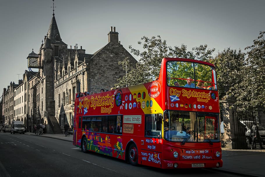 red, yellow, double, decker bus, concrete, road, edinburgh, royal mile, bus, sightseeing