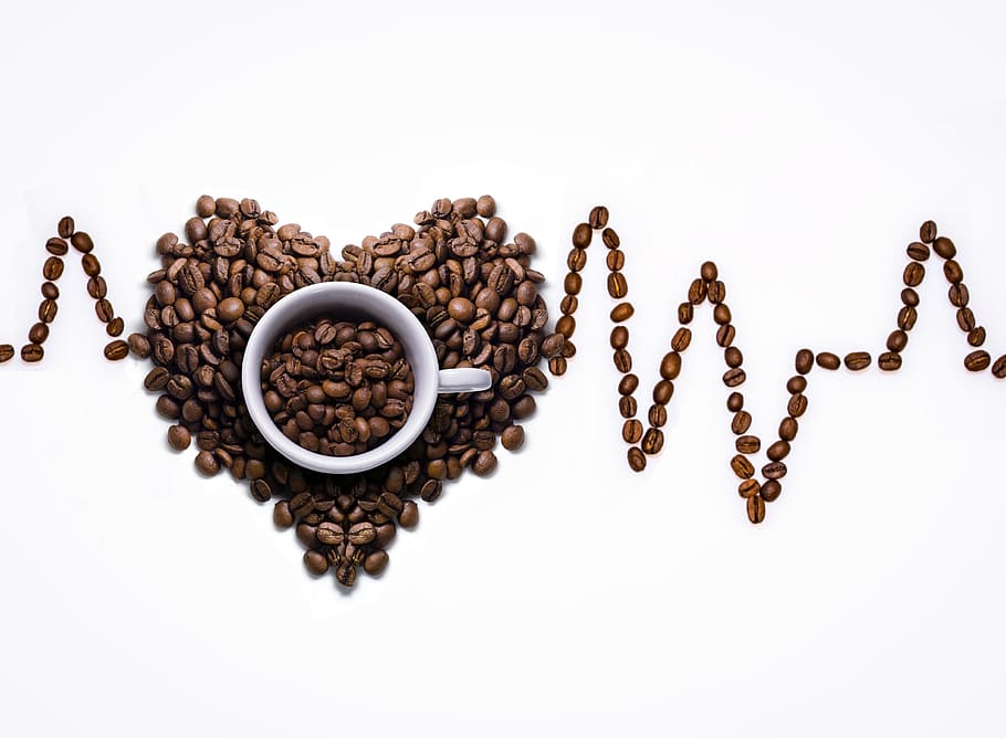 granos de café, formado, forma, corazón, ritmo, blanco, cerámico, taza, taza de café, café
