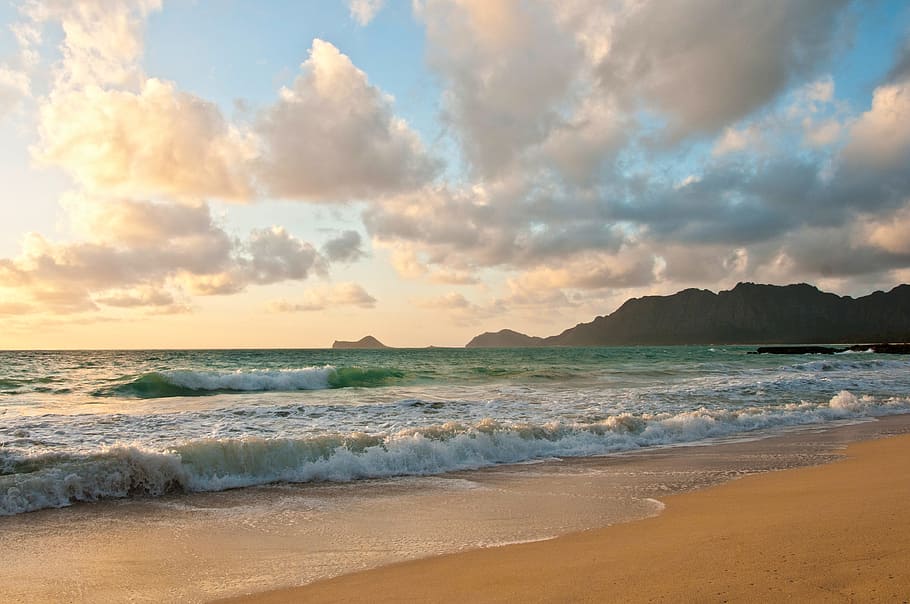 fotografía de paisaje, orilla del mar, Hawai, playa, amanecer, Oahu, tropical, océano, playa de hawaii, mar