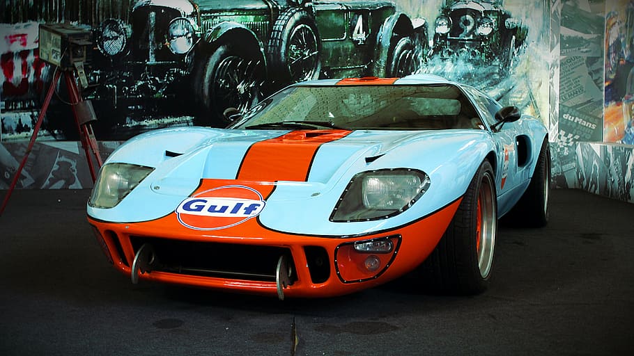 blue, red, gulf ford gt, auto, automobile, vehicle, car, sports, sport, old