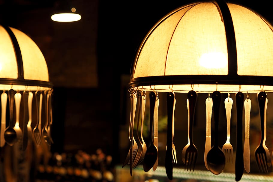 lamp, spoon, fork, restaurant, sofitel laso, atmosphere, hanging, thailand, bangkok, decorate