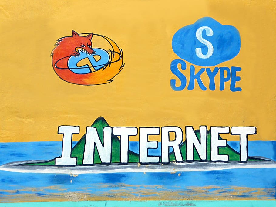 street art, internet, firefox, skype, communication, sign, blue, text, yellow, multi colored