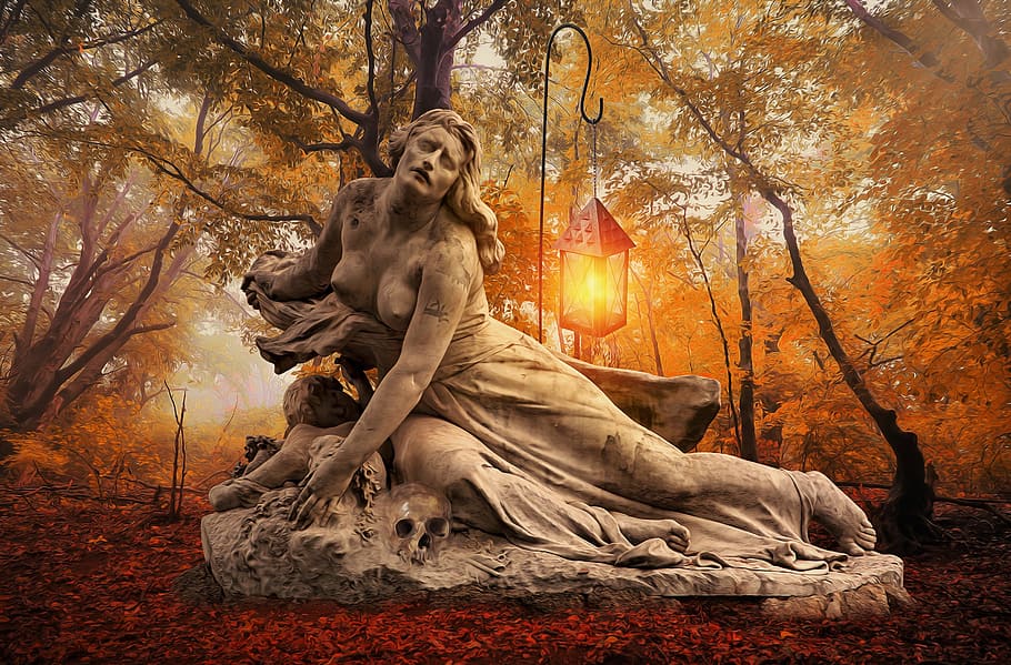 selective, woman, concrete, statue, brown, trees, gothic, fantasy, dark, forest