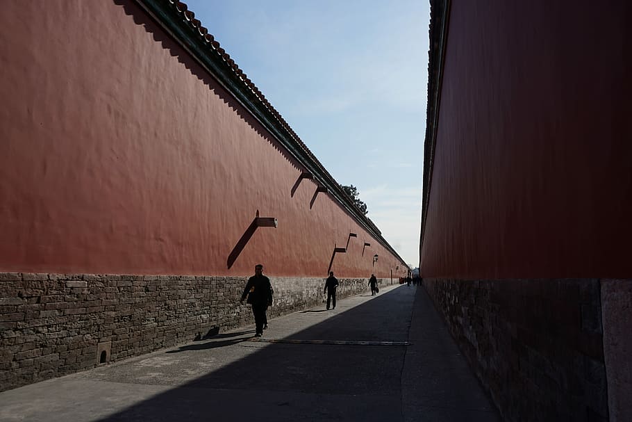 Forbidden City, Corridor, Perspective, silhouette, outdoors, one person, full length, people, day, sky