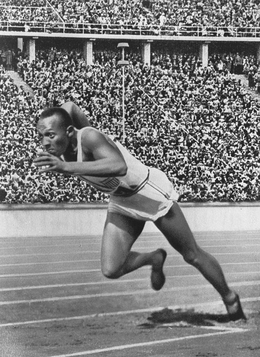 homem, partida, corrida, pista, atletas, jesse owens, olimpíada, preto, rápido, 1936