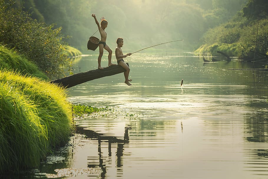 dos, muchachos pescando, río, gente talentosa, la actividad, asia, espalda, fondo, presa, muchachos