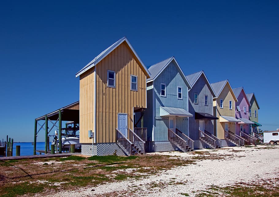 six, assorted-color, painted, houses, sea, row, beach, row of houses, building, residential