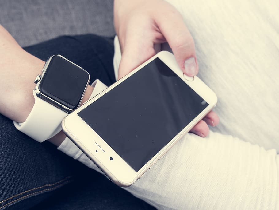Persona, tenencia, plata iphone 6, iphone, 6s, plus, iwatch, manzana, blanco, pantalla
