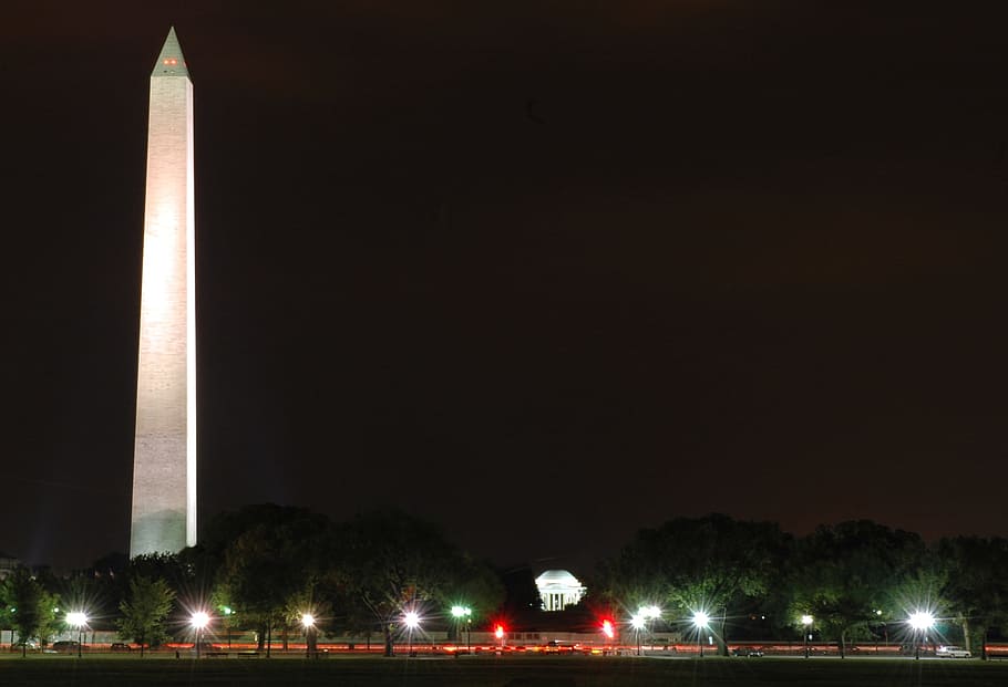 Washington DC, noche, tarde, monumento de Washington, Jefferson Memorial, luces, punto de referencia, hermoso, exterior, Washington Monumento - Washington DC