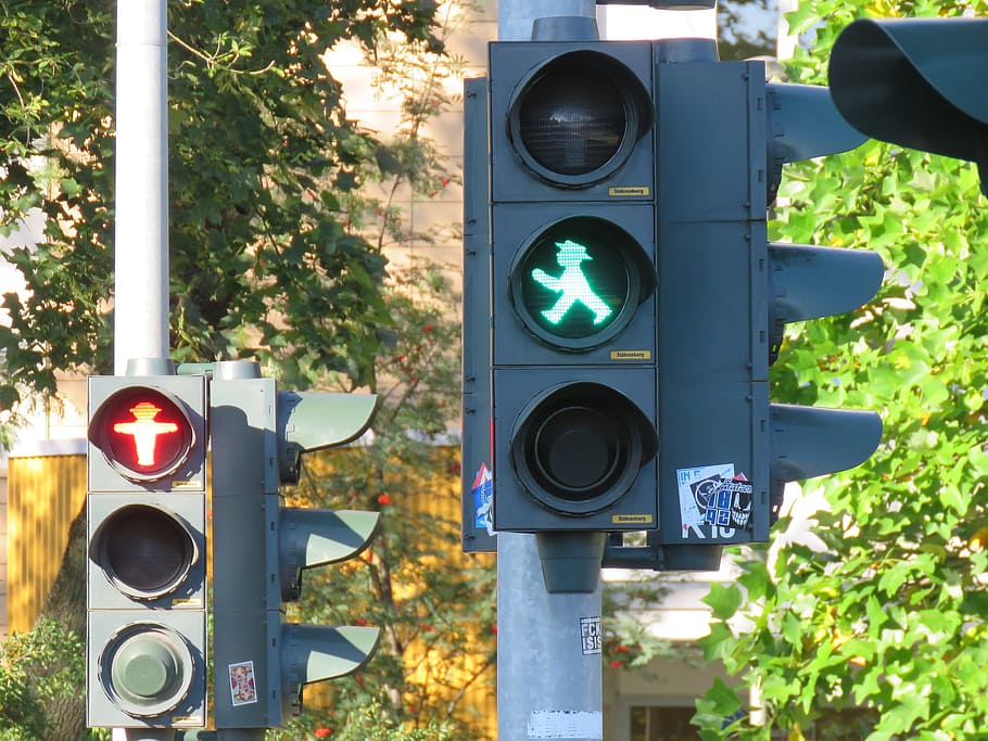 semáforos, hombrecito verde, verde, rojo, vaya, pare, machos, señal de tráfico, lámpara de señalización, carretera