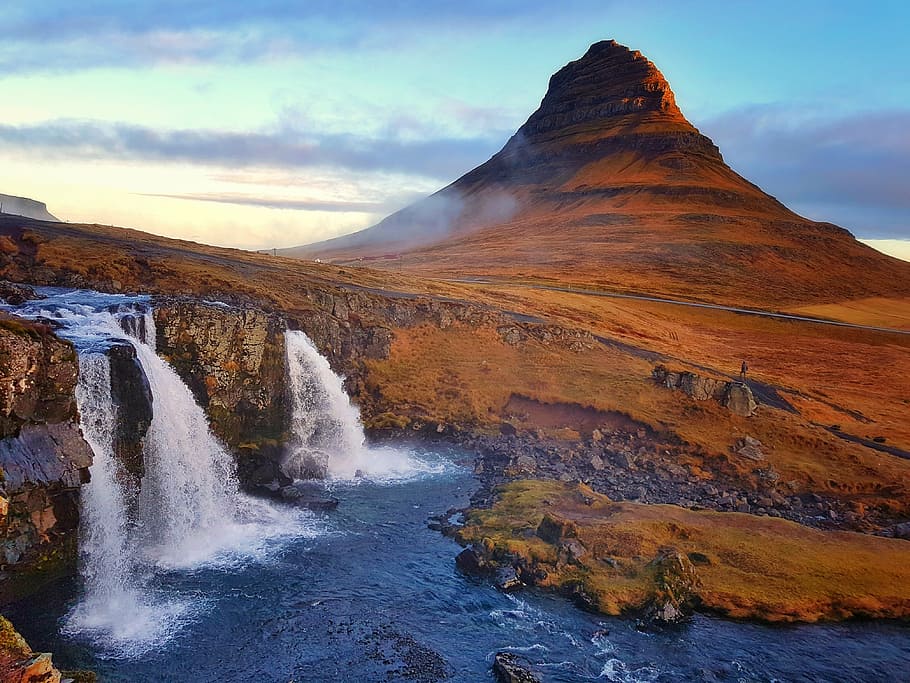 風景写真, 山, 滝, キルクフェル, 魔法の山, アイスランド, おとぎ話, 風光明媚な自然, 見事な, 教会の山