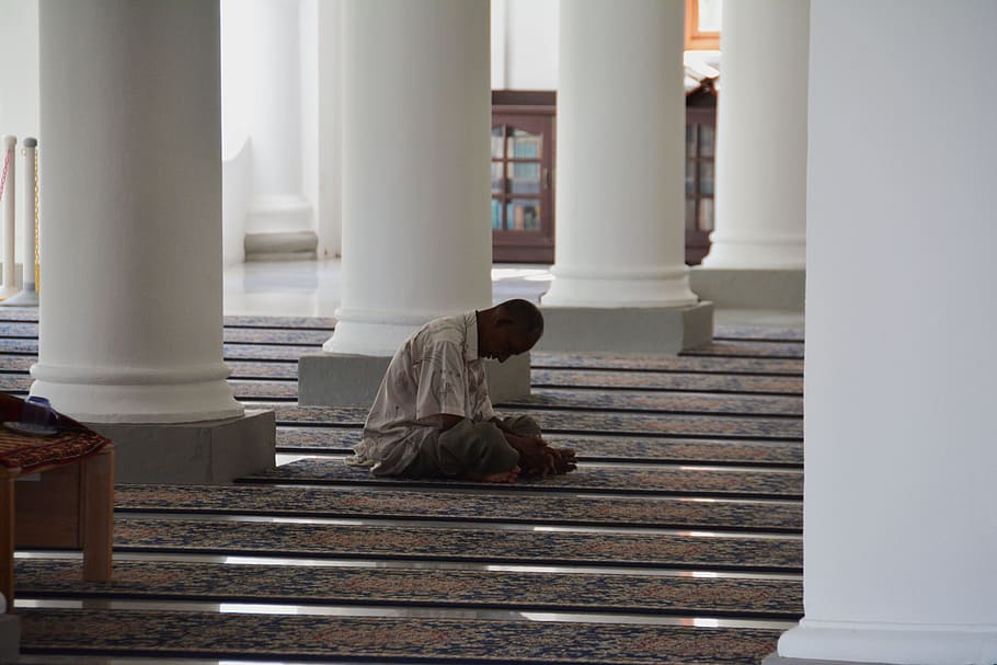 man, sitting, brown, concrete, tile, mosque, praying, muslim, islam, religion