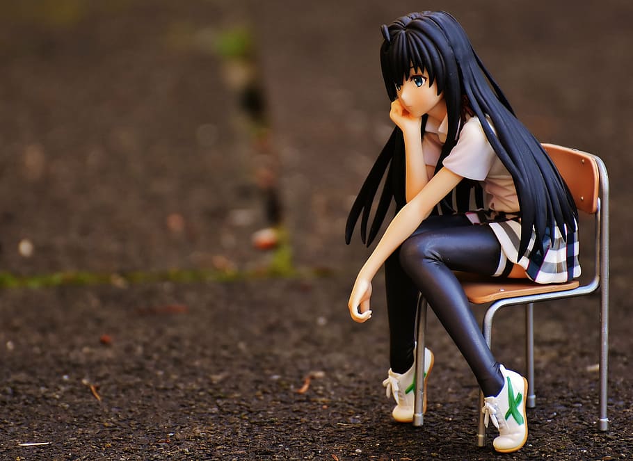 black, haired woman figurine, sitting, chair, miniature, girl, sad, sit, thoughtful, anime