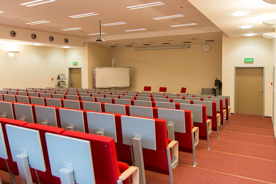 red, gang chairs, inside, room, lecture hall, assembly hall, audience, lectures, school, university