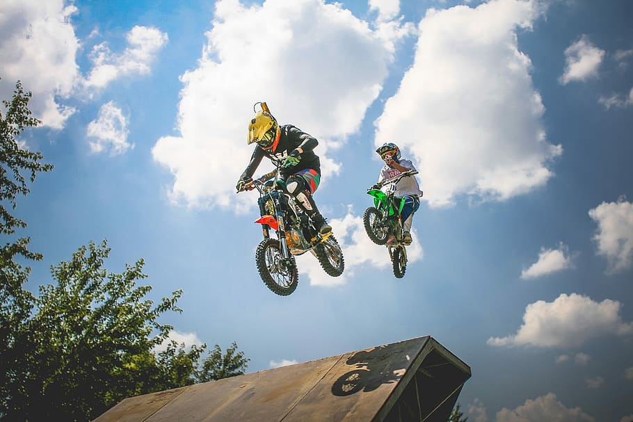 two, crazy, jumping, pitbikers, bike, jump, motocross, motorcycle, pitbike, sport
