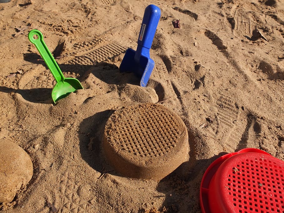 Sandburg, bermain, mainan, pasir, menggali, ayakan, mengolok-olok, pisau, cendana, tanah