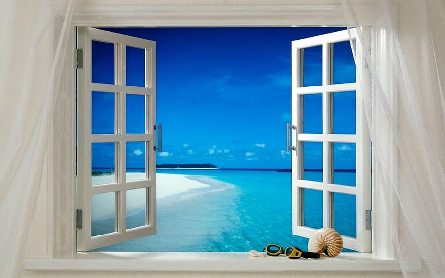 claro, completo, ventana de persiana de vidrio, ventana, abierto, océano, mar, playa, cortinas, habitación