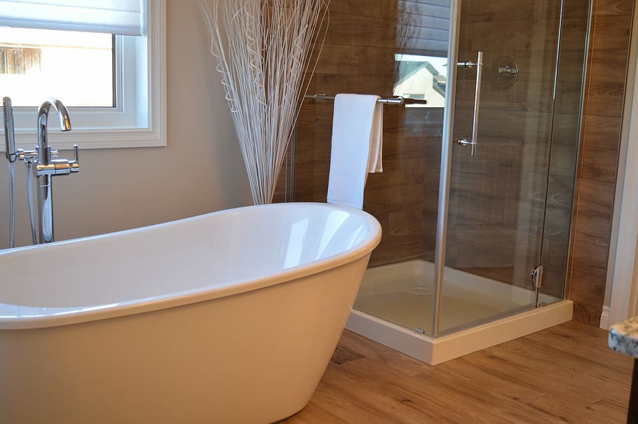 white, ceramic, bathtub, clear, glass shower enclosure, open, window, glass, shower, enclosure