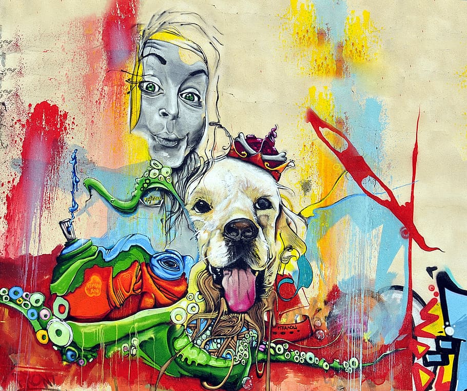 dinding, gadis, anjing, grafit, seni jalanan, lukisan, seni dan kerajinan, hewan, binatang menyusui, tema hewan