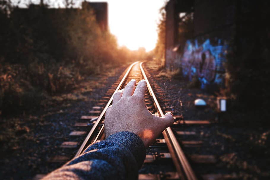 man’s, man ’s hand, train, tracks, Man, hand, train tracks, people, travel, railroad Track