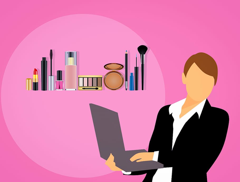pria, memegang, ilustrasi komputer laptop, makeup, kosmetik, parfum, penjualan, wanita bisnis, online, toko