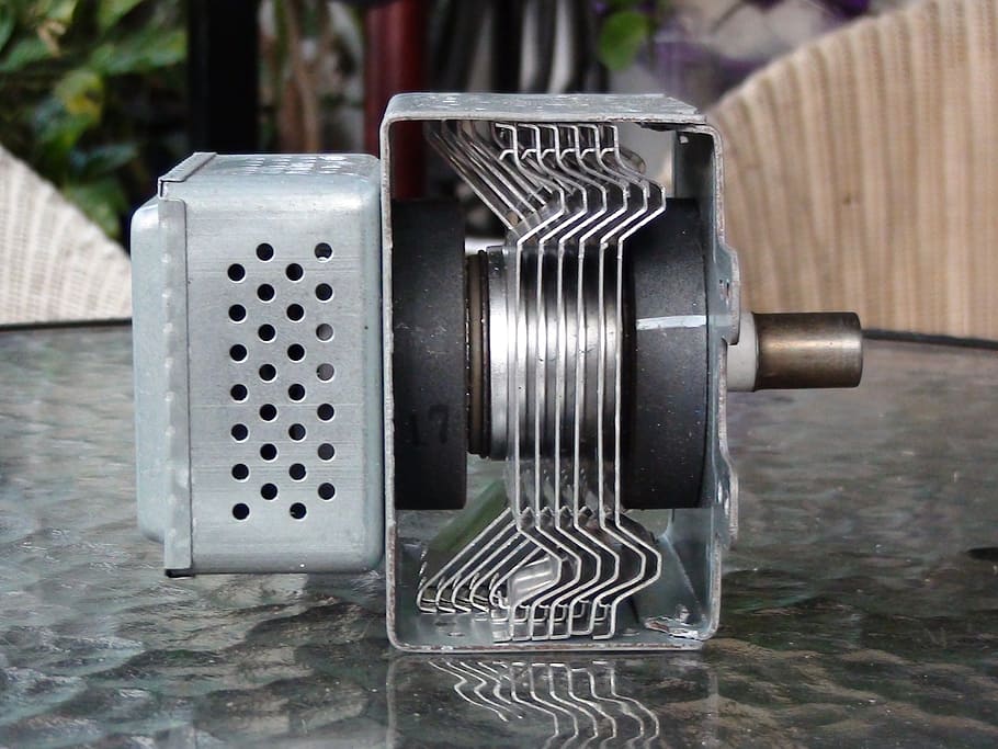 magnetron, microwave, part, electronics, high voltage, radiator, electronic parts, metal, table, close-up