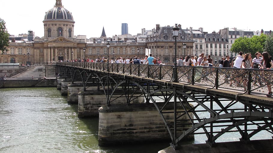 bridge, paris, padlock, pont des arts, love, architecture, built structure, water, building exterior, crowd