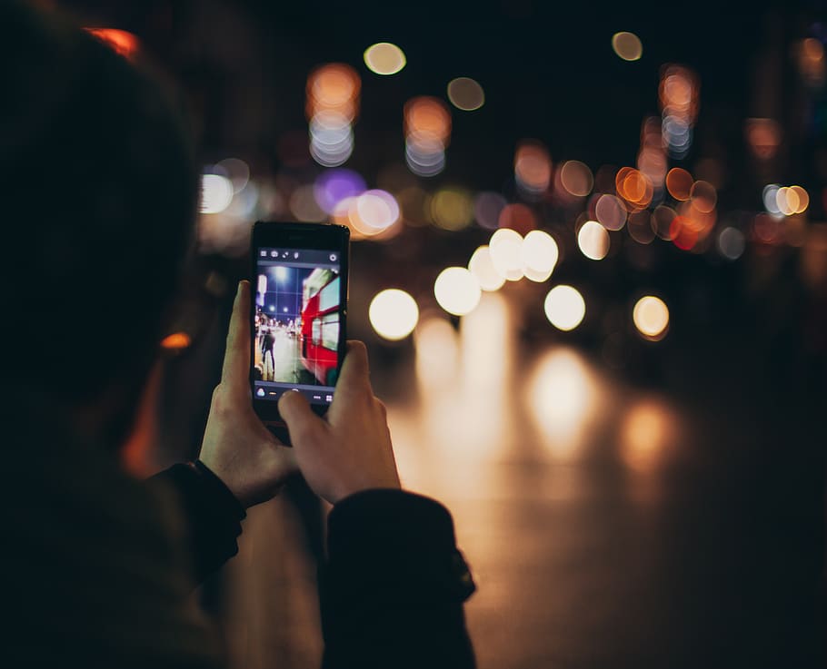mobile, phone, lights, capture, photography, hands, touchscreen, camera, night, blur