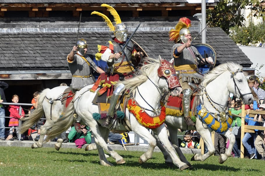 person, riding, white, running, horse, Rieter, Fight, Romans, Cavalry, Weapons