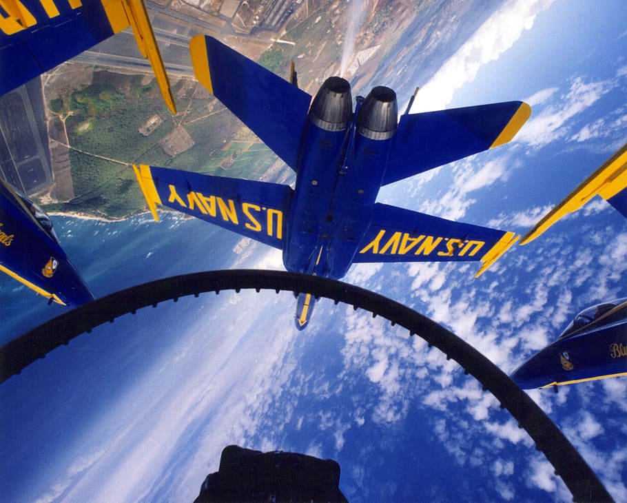 blue, yellow, aircrafts, us navy, blue angels, demonstration, team, cockpit view, up close, sky