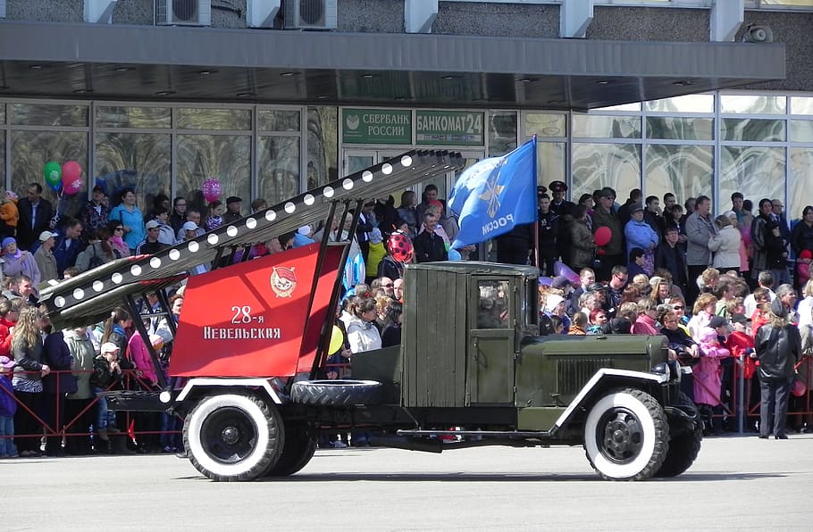victory day, car, retro cars, flag, the second world war, ribbon of saint george, may 9, group of people, real people, city